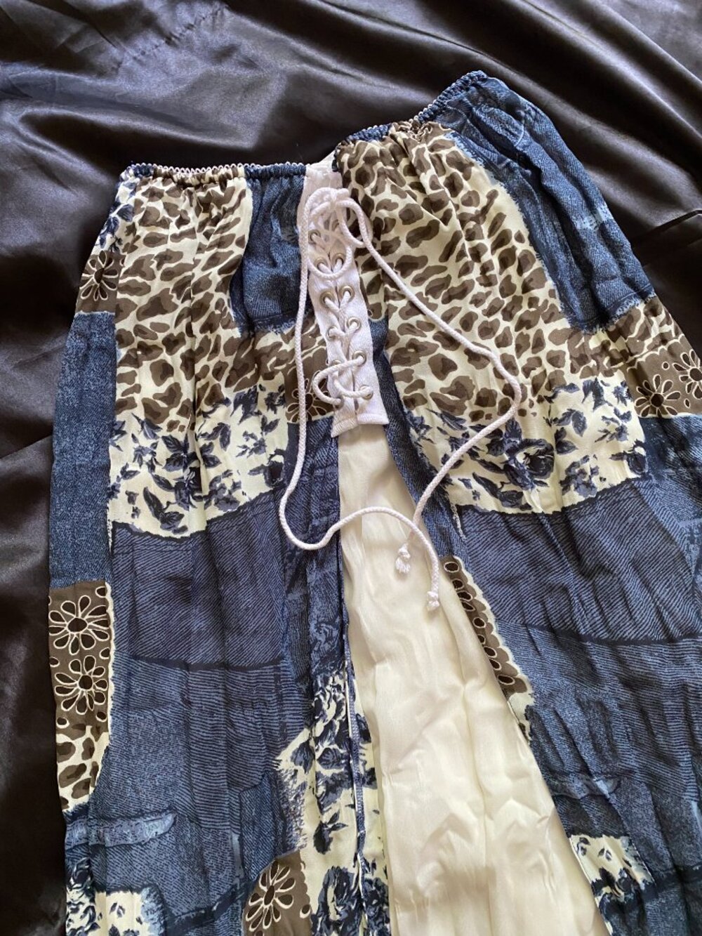 Vintage y2k Denim Leopard Lace Patchwork Laceup Boho Western Fairy Skirt Size 6 - Picture 2 of 8